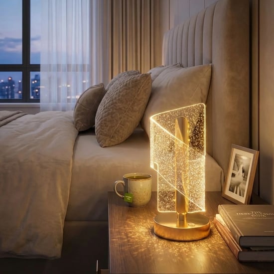 Buffer® Çapraz Kavisli Kristal Simli Led Masa Lambası – Gold Gövdeli, Dokunmatik, 3 Kademe İşık Ayar