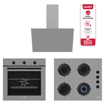 Carino 4 Fonksiyon Mekanik Gri Power Turbo 3'lü Cam Ocaklı Ankastre Set (fırın+ocak+davlumbaz)
