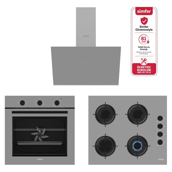 Carino 4 Fonksiyon Mekanik Gri Power Turbo 3'lü Cam Ocaklı Ankastre Set (fırın+ocak+davlumbaz)