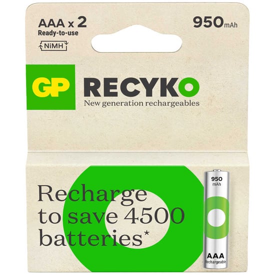 Gp Batteries Recyko 950mah Aaa İnce Kalem Ni-mh Şarjlı Pil, 1.2 Volt, 2'li Kart