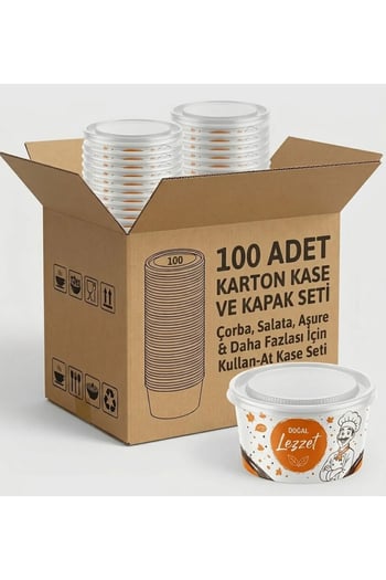 Bicup 100 Adet Kapaklı Karton Kase Çorba Salata Aşure Yemek Kasesi Piknik Tabağı 14 Oz Karton Kase I