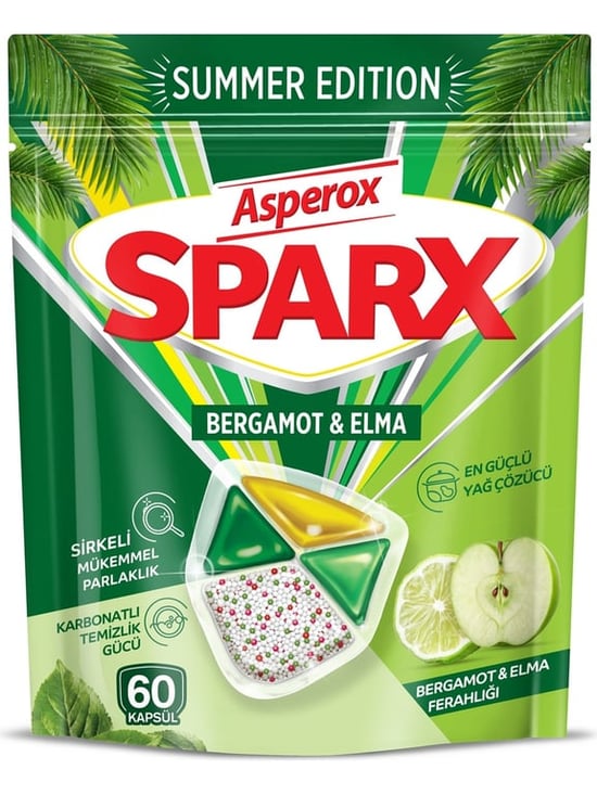 Asperox Sparx Summer Edition Bergamot & Elma Ferahlığı Bulaşık Makinesi Deterjan Kapsülü 60’lı – Sirkeli Mükemmel Parlaklık, Karbonatlı Temizlik Gücü