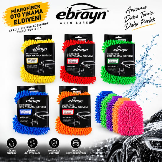 Ebrayn Mikrofiber Oto Yıkama Eldiveni – Çizik Bırakmayan, Yüksek Su Emici, Yumuşak Şönil Araç Yıkama ve Temizlik Eldiveni