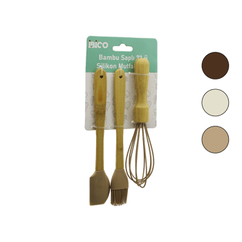 İ22-026 ( 3pcs & Mini ) Silikon Mutfak Seti ( Ahşap & Bambu Saplı ) ( Çırpıcı & Yumurta Fırçası & Spatula )