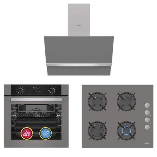 Simfer 10 Fonksiyon Airfry Gri 3'lü Ankastre Set ( Fırın + Ocak + Davlumbaz)