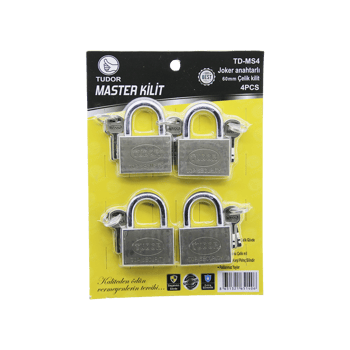 Tudor Td-ms4 Master (4pcs) (joker Anahtarlı=tek Anahtarla 4 Kilit Aç ) (60mm & Gri) (kısa Kancalı) Çelik Asma Kilit