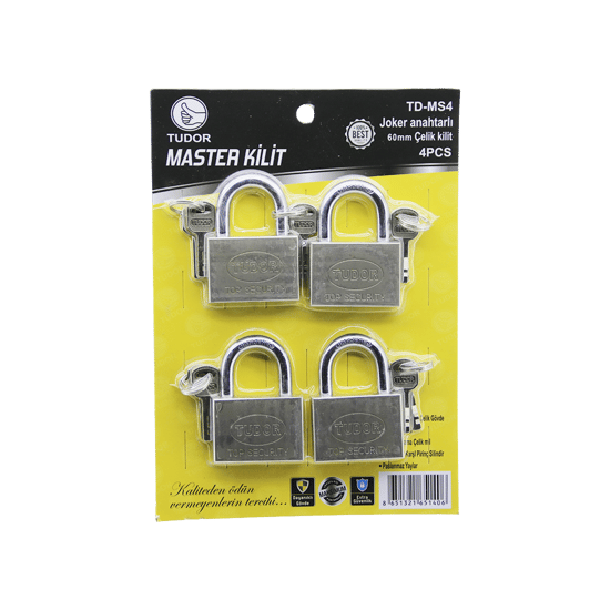 Tudor Td-ms4 Master (4pcs) (joker Anahtarlı=tek Anahtarla 4 Kilit Aç ) (60mm & Gri) (kısa Kancalı) Çelik Asma Kilit