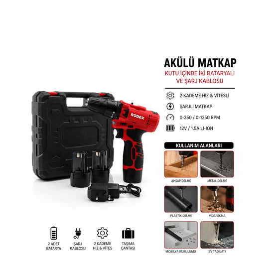 Rodex Rdx-3322 ( 2 Kademe Hız & Vitesli ) ( Şarjlı ) Matkap Çift Batarya ( 0-350 / 0-1350 Rpm ) ( 12v / 1.5a Lı-ıon )