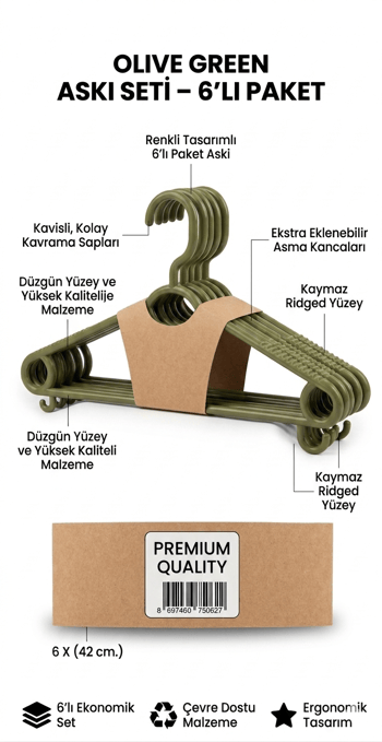 Olive Green Askı Seti 6'lı Lüks