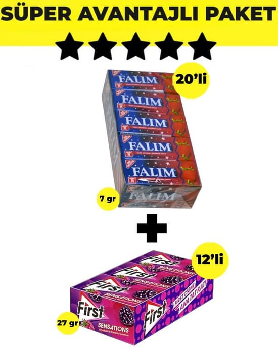 Falım Çilek Aromalı Sakız (5'li X 20 Adet)- First Sensations Ahududu ve Karadut Aromalı Sakız (27gr X 12 Adet) - Avantajlı Falım First Paketi