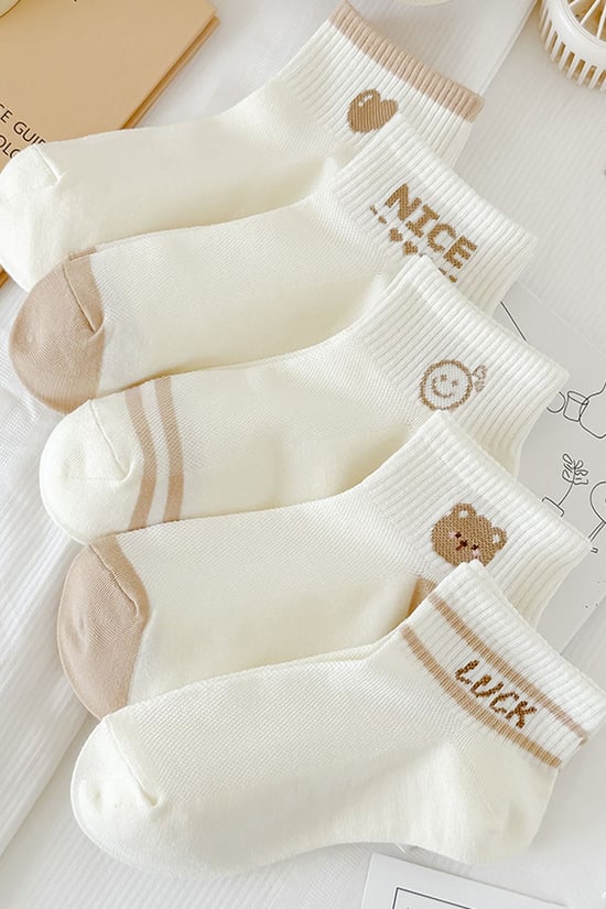 BGK 5 Çift Ekru Nice Desenli Kısa Çorap 36-41