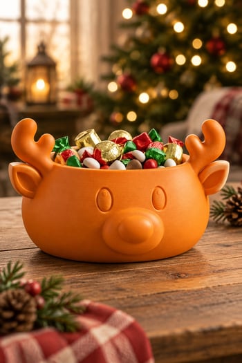 Sonbahar ve Noel Temalı Ren Geyiği Figürlü Bowl - Sunum Kabı Turuncu