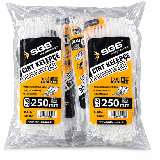 Sgs-4508 ( Beyaz ) ( 3.6x250mm ) Plastik Cırt Kelepçe ( 100pcs )