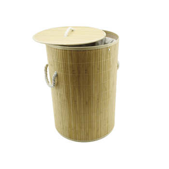 İnura Global İbico İ21-075 ( Yuvarlak ) ( 35x60cm ) ( Bambu Ahşap ) Kirli Çamaşır Sepeti ( Seyyar Kapaklı ) ( Kumaş Çantalı ) ( İp Kulplu )