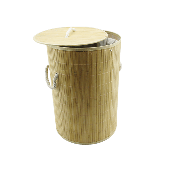 İnura Global İbico İ21-075 ( Yuvarlak ) ( 35x60cm ) ( Bambu Ahşap ) Kirli Çamaşır Sepeti ( Seyyar Kapaklı ) ( Kumaş Çantalı ) ( İp Kulplu )