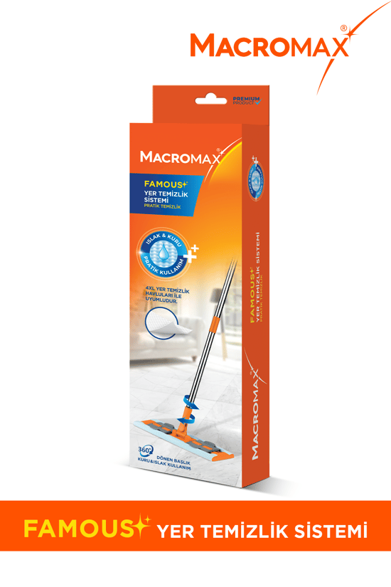 Macromax Famous+ Düz Mop Yer Temizlik Sistemi İslak ve Kuru Kullanım 360 Döner Başlıklı Pratik Paspas