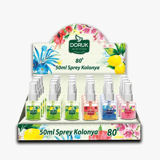 Doruk Sprey Kolonyası 50 Ml Pet Şişe (limon, Amber, Okyanus, Japon Kiraz Çiçeği) Stand 24 Adet