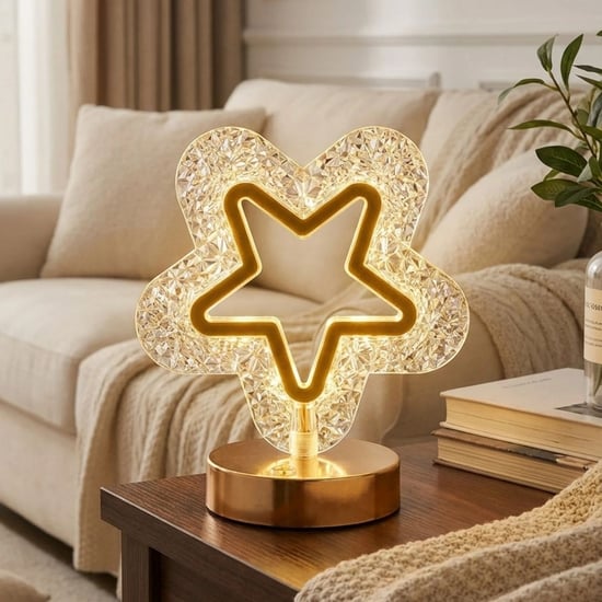 Buffer® İçi Boş Yıldız Şeklinde Kristal Led Masa Lambası – Dokunmatik, 3 Renk İşık Modlu, Şarjlı Min