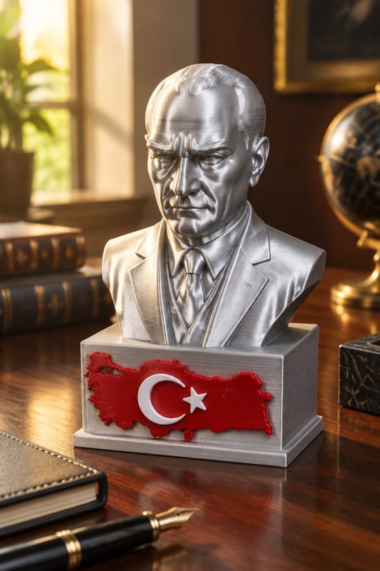 Atatürk ve Türkiye Figürlü Dekoratif Biblo - 15cm Gümüş
