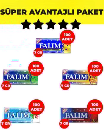 Falım Karışık-Çilek-Damla-Işıl-Nane Aromalı Sakız (5'li 7gr x 100'er Adet) Avantajlı Falım First Paketi