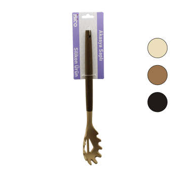 İ22-019 ( Renkli Silikon ) ( Ahşap Akasya Saplı ) ( Makarna & Salata ) ( Servis ) Kaşık ( 30cm )
