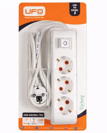 Ufo 3'lü 5 Metre Anahtarlı Akım Korumalı Grup Priz Beyaz
