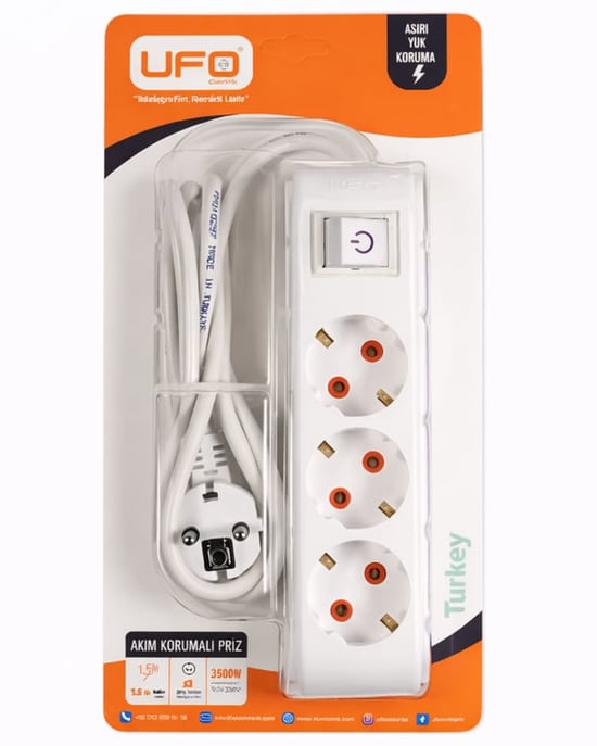 Ufo 3'lü 5 Metre Anahtarlı Akım Korumalı Grup Priz Beyaz