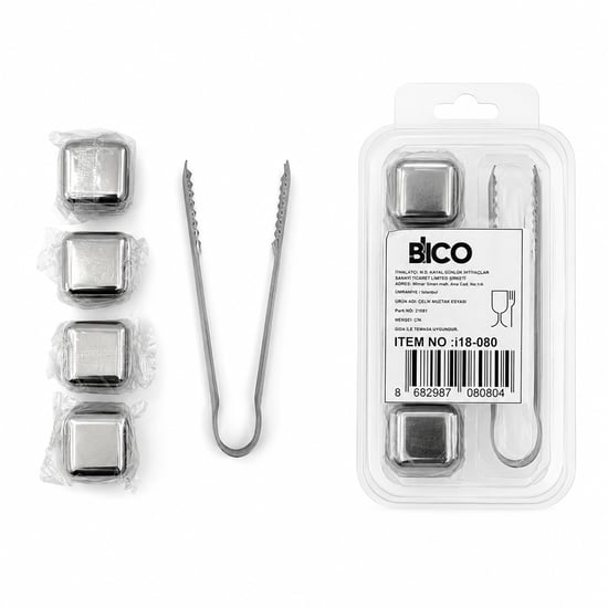 İ18-080 ( 5pcs = 4 Küp & Maşa ) ( Küp Şekli ) Metal Buzluk