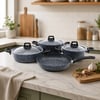Gab Çırağan ( Gri ) ( 7 Parça ) Granit Tencere & Tava Seti ( 20-24cm Derin & 27cm Basık Cam Kapak Tencere & 26cm Tava)