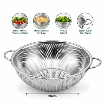 İ22-308 ( 28cm ) ( Metal Kulplu ) ( Çelik Sepet ) Süzgeç ( İnce Tel Ayaklı )