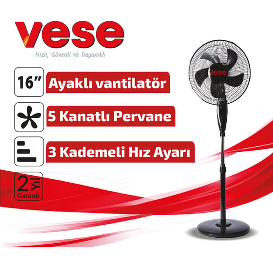 Vese Vnt-004 ( 16" İnç ) ( Ev Tipi ) Ayaklı Vantilatör ( 45w ) ( 5 Pls.pervane ) ( 3 Kademe Hız ) Fan