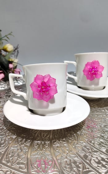Kirlinova® Fuşya Çiçek 2'li Porselen Fincan Takımı