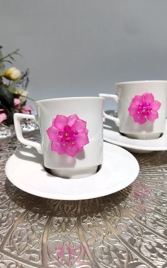 Kirlinova® Fuşya Çiçek 2'li Porselen Fincan Takımı
