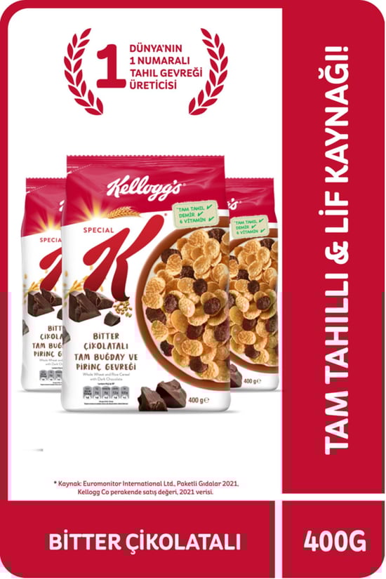 Kellogg's Special K Bitter Çikolatalı Kahvaltılık Tam Buğday ve Pirinç Gevreği 400 Gr X 3 Adet, Tam Tahıllı