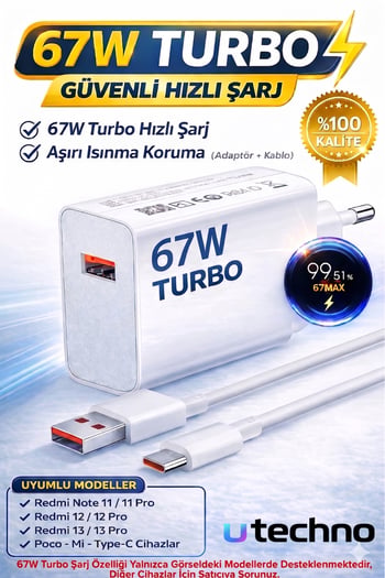 Adeyo Store 67w (watt) Turbo Hızlı Şarj Adaptör+kablo(set) Xiaomi Redmi Note 11/11pro/12/12 Pro/13/13pro Uyumlu