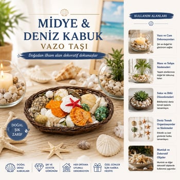 İ12-247 ( Oval Ahşap Sepet ) ( Renkli Mix ) Midye & Deniz Kabuk Vazo Taşı