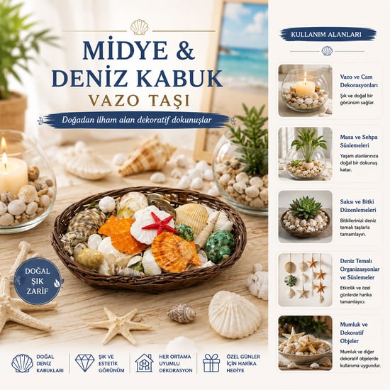 İ12-247 ( Oval Ahşap Sepet ) ( Renkli Mix ) Midye & Deniz Kabuk Vazo Taşı