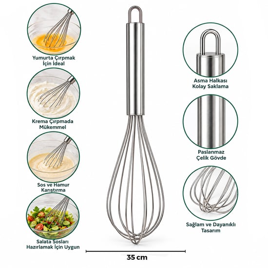 İ22-064 ( 35cm ) ( Lüx & Kalın ) ( Krom Saplı ) Çelik Metal Çırpıcı ( Çırpıcı: 21cm + Sap: 14cm )