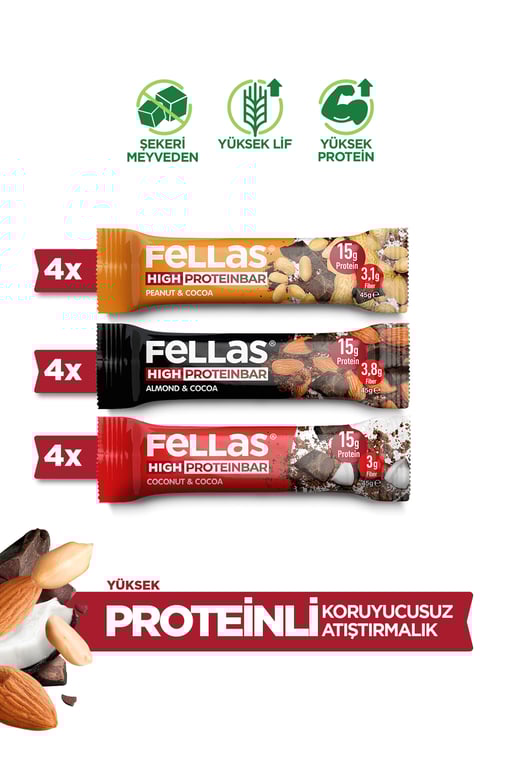 Yüksek Protein Bar 45g Karma Kutu 12 Adet (3 Çeşit)
