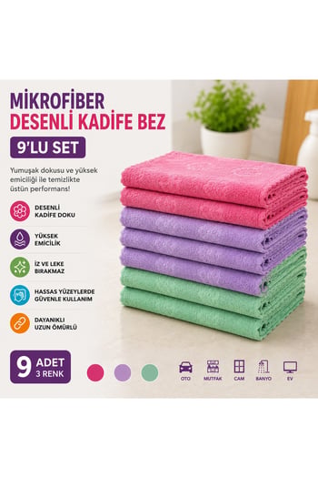 Molto 30x30 Mikrofiber Desenli Kadife Temizlik Bezi 9'lu Set – Yumuşak, İz Bırakmaz