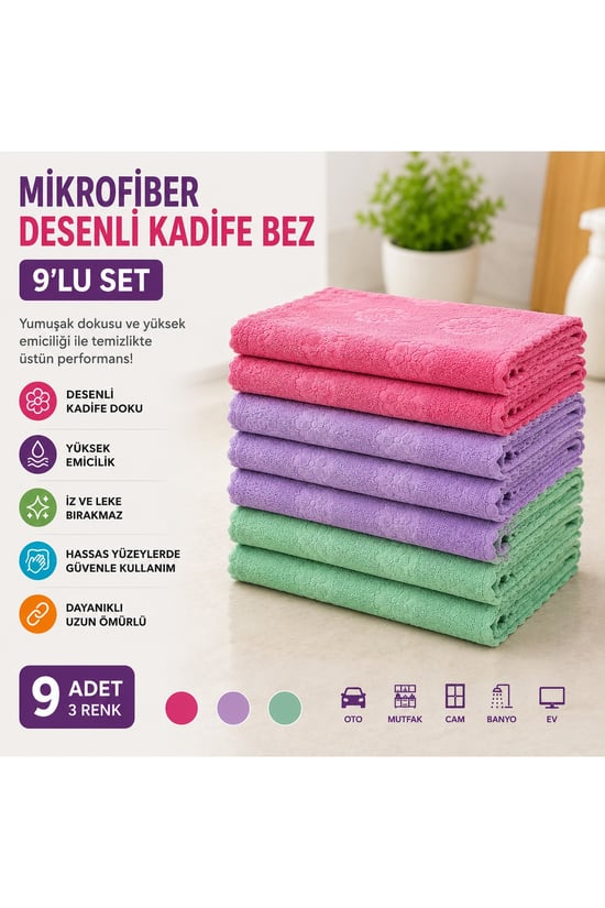 Molto 30x30 Mikrofiber Desenli Kadife Temizlik Bezi 9'lu Set – Yumuşak, İz Bırakmaz