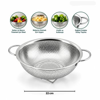 İ22-306 ( 22cm ) ( Metal Kulplu ) ( Çelik Sepet ) Süzgeç ( İnce Tel Ayaklı )