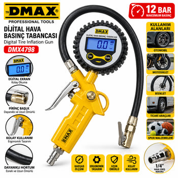Dmax Dmx-4798 ( Dijital ) Hava Ölçme & Lastik Şişirme Tabancası ( 12 Bar Basınçlı & 1/4 Rekor )