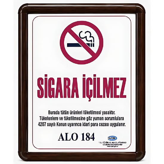 Sigara İçilmez Levhası A3 (30x42cm) Alüminyum Çerçeveli (ahşap Görünümlü)