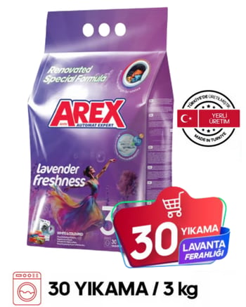 Arex Matik Toz Çamaşır Deterjanı 3 Kg Lavanta Ferahlığı 30 Yıkama Renkliler & Beyazlar