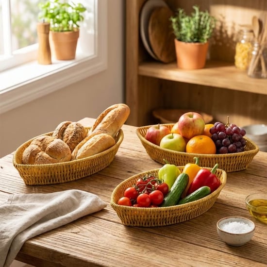 BUFFER® 3’lü Kayık Formlu Plastik Rattan Sepet Seti–Hasır Görünümlü Ekmek, Meyve ve Sunum Sepetleri,
