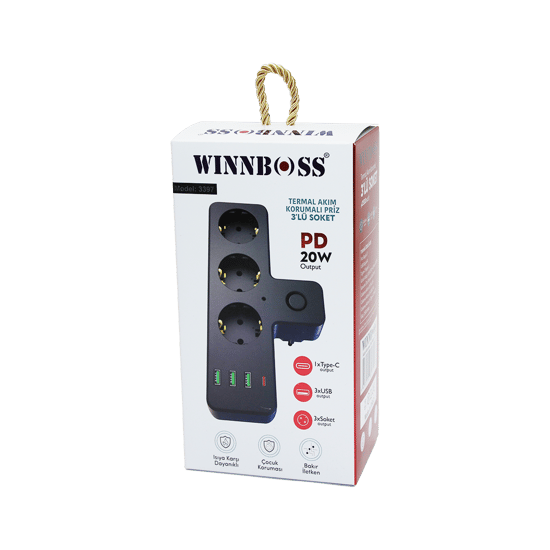 Winnboss-3397 Siyah Termal Akım Korumalı ( 3xpriz ) ( 3xusb ) (1xtype-c) Duvar Tipi Priz