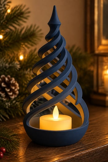 Minimalist Spiral Noel Ağacı Şeklinde Led Mum Tutucu Lacivert