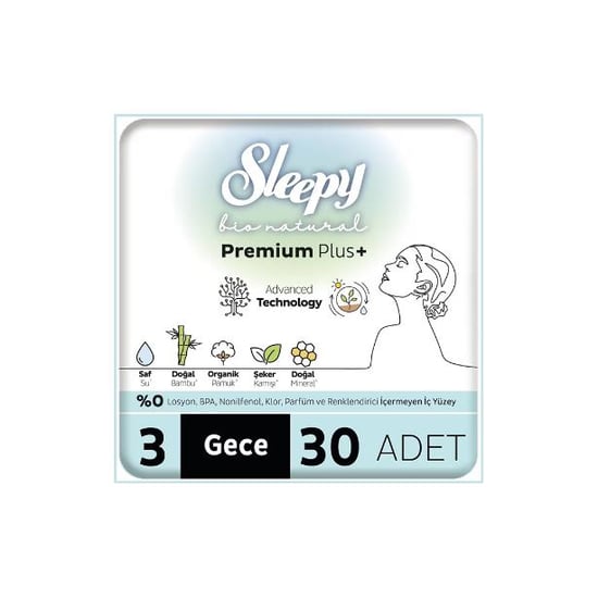 Sleepy Bio Natural Premium Plus Gece Hijyenik Ped Mega Paket 30 Adet