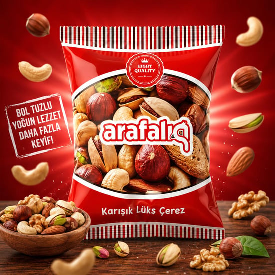 Arafalık Karışık Lüx Kuruyemiş 90 Gr – Antep Fıstıklı, Kajulu, Bademli ve Fındıklı | 20’li Koli